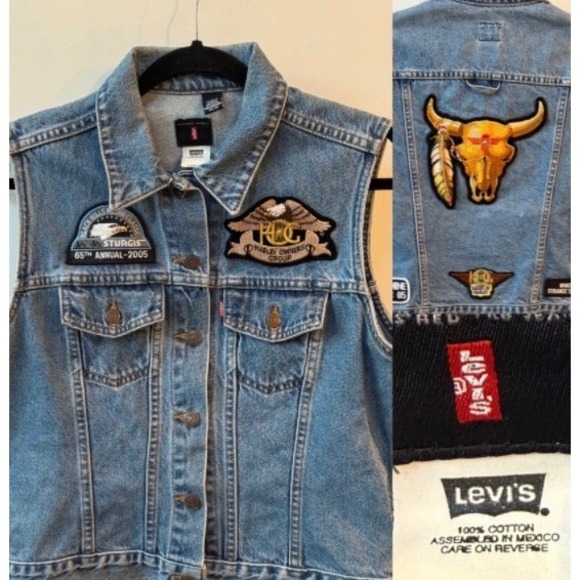 Levis Strauss Jackets & Blazers - Vintage Levis‎ Womens Denim Vest Size L Harley Sturgis 2005 Biker Patches